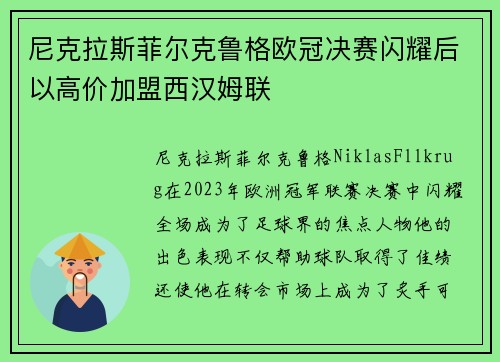 尼克拉斯菲尔克鲁格欧冠决赛闪耀后以高价加盟西汉姆联 尼克拉斯菲尔克鲁格欧冠决赛闪耀后以高价加盟西汉姆联